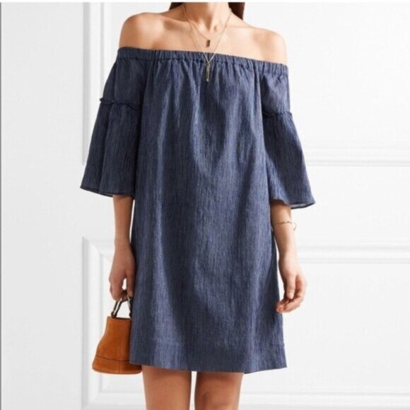 Madewell Dresses & Skirts - Madewell Women’s Navy Blue Pinstripe Off the Shoulder Bell Sleeve Dress Size 14
